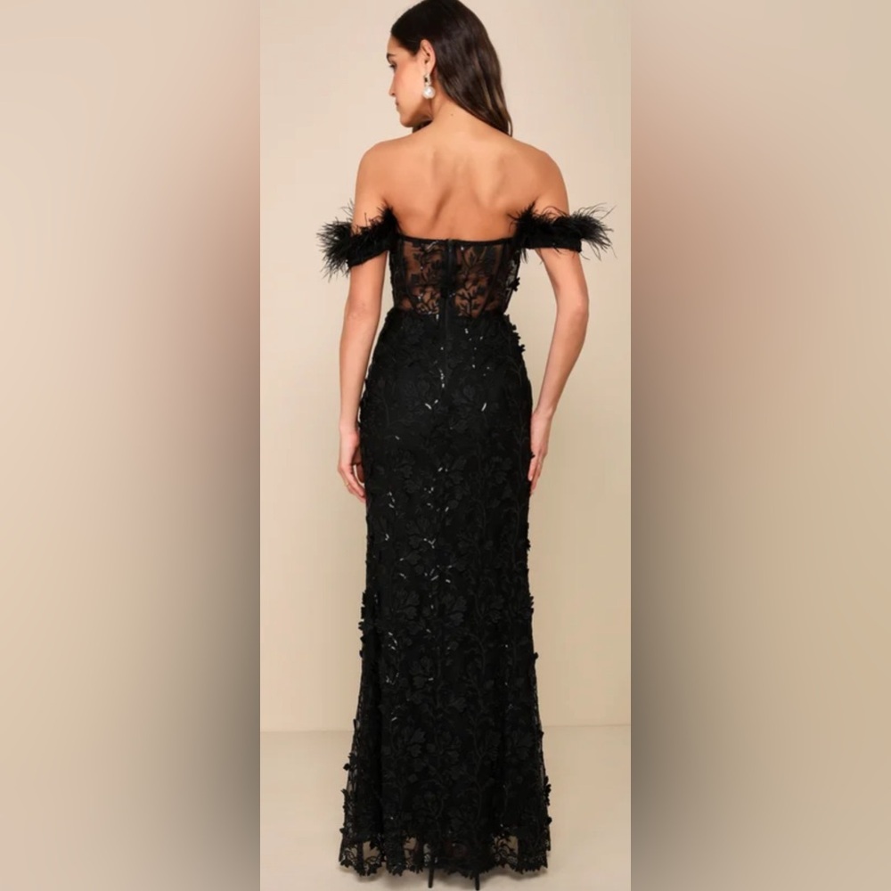Lulus Midnight Sparkle Black Embroidered Feather Bustier Maxi Dress Sz medium - Picture 4 of 9